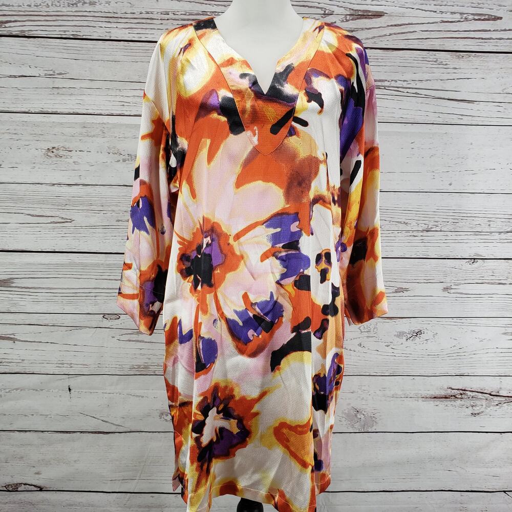 Natori Women's Satin Watercolor Pansy Pockets Night Shirt Dress Size Small